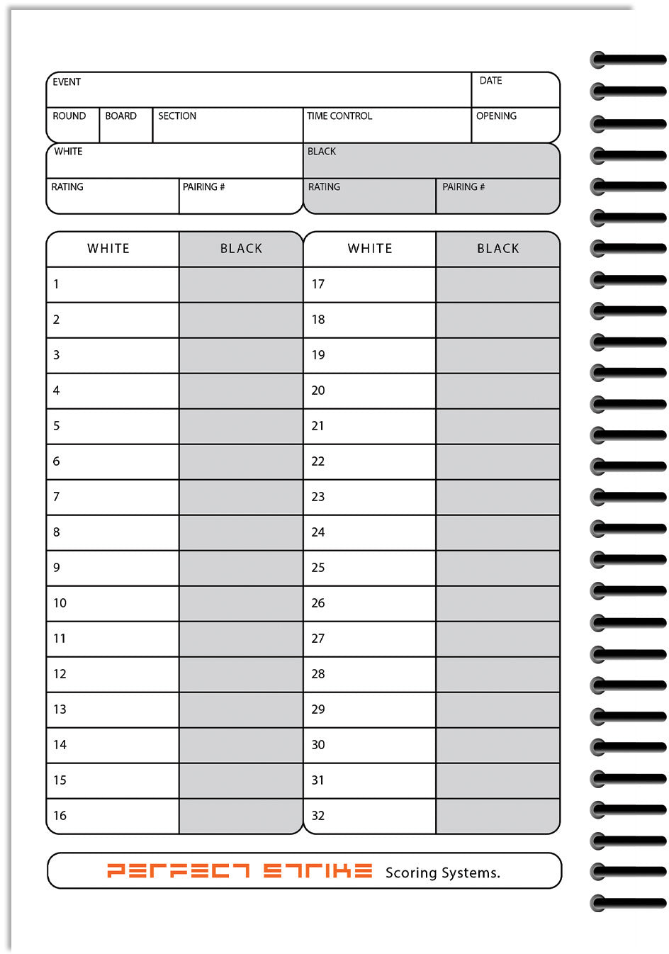Perfect Strike Chess SCOREBOOK with Rules and Scoring Instructions. Heavy duty. Practice and Competition. (5.5" x 8.5") LS-25:60-AZ