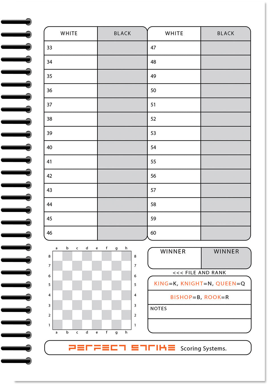 Perfect Strike Chess SCOREBOOK with Rules and Scoring Instructions. Heavy duty. Practice and Competition. (5.5" x 8.5") LS-25:60-AZ