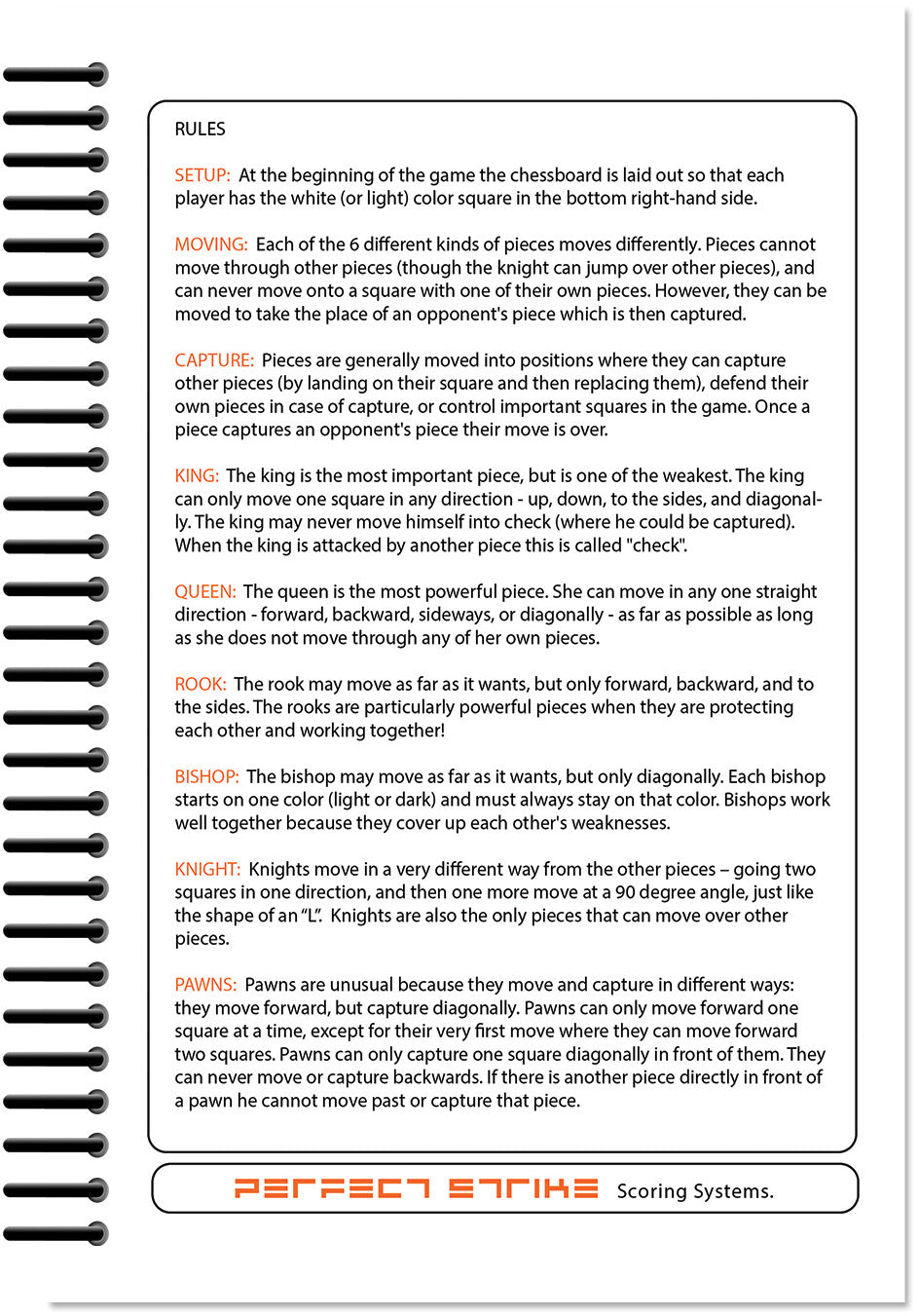 Perfect Strike Chess SCOREBOOK with Rules and Scoring Instructions. Heavy duty. Practice and Competition. (5.5" x 8.5") LS-25:60-AZ
