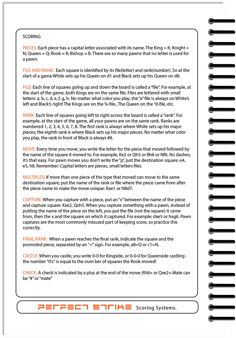 Perfect Strike Chess SCOREBOOK with Rules and Scoring Instructions. Heavy duty. Practice and Competition. (5.5" x 8.5") LS-25:60-AZ