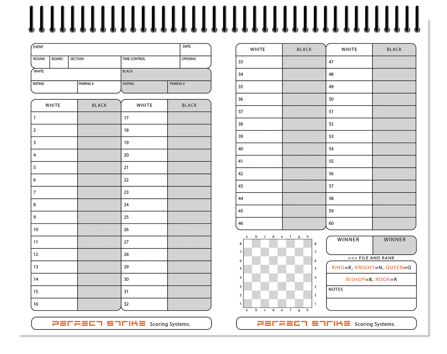 Perfect Strike Chess SCOREBOOK with Rules and Scoring Instructions. Heavy Duty. Practice and Competition. (8.5" x 11") TS-50:60