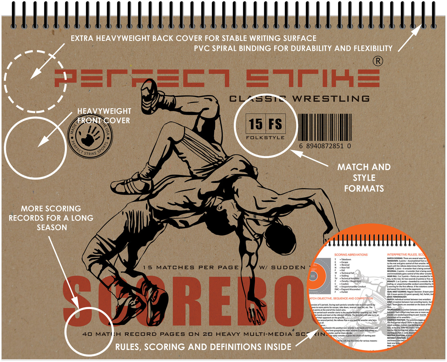 Perfect Strike WRESTLING Scorebook with Rules and Scoring Instructions : Heavy Duty. Meets and Tournaments. TS-15-FS-H