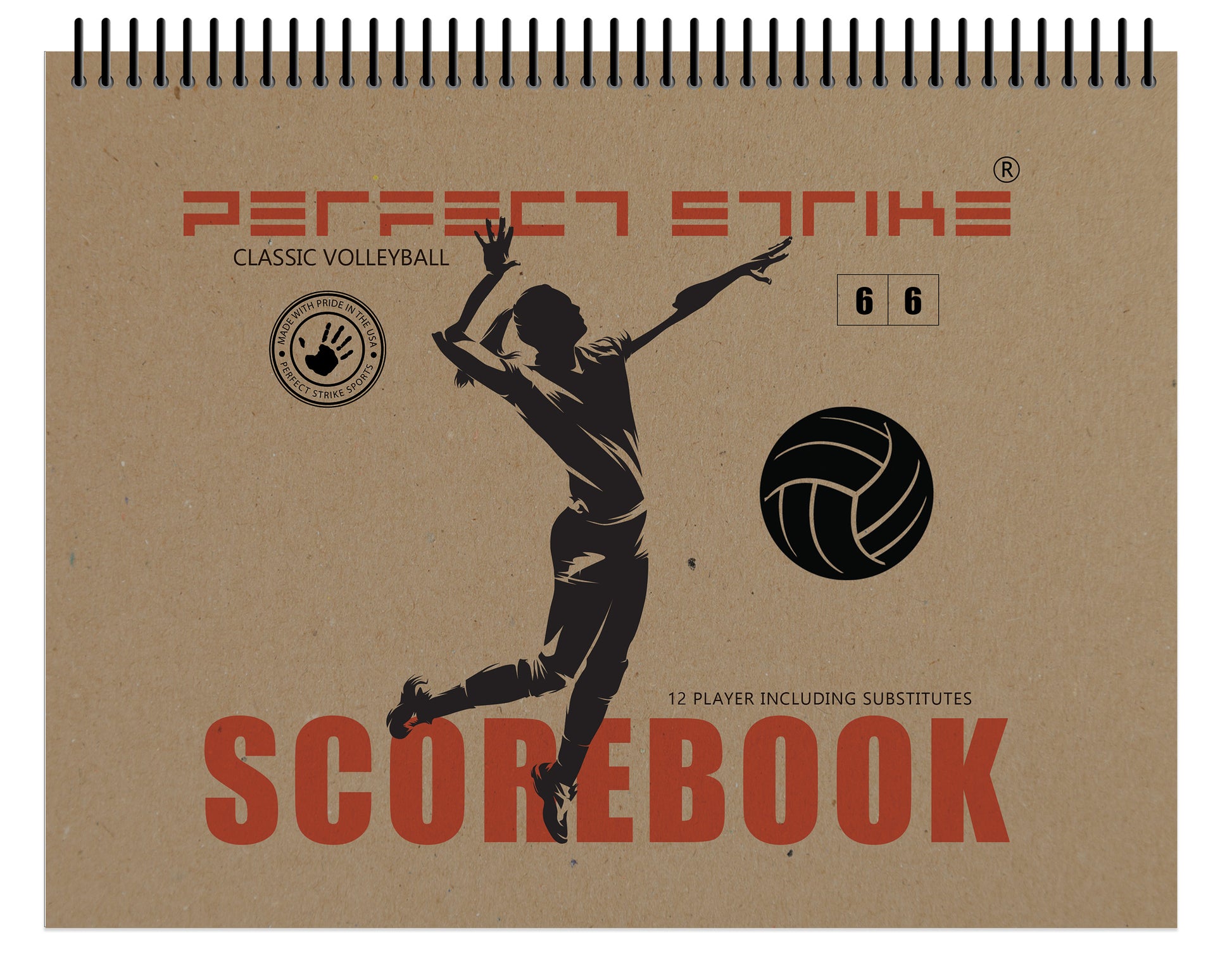 The image displays the cover of the Perfect Strike SCOREBOOK with a graphic of a volleyball player in mid-action and the text 'Classic Volleyball' along with the product name and capacity '12 Player including Substitutes'.