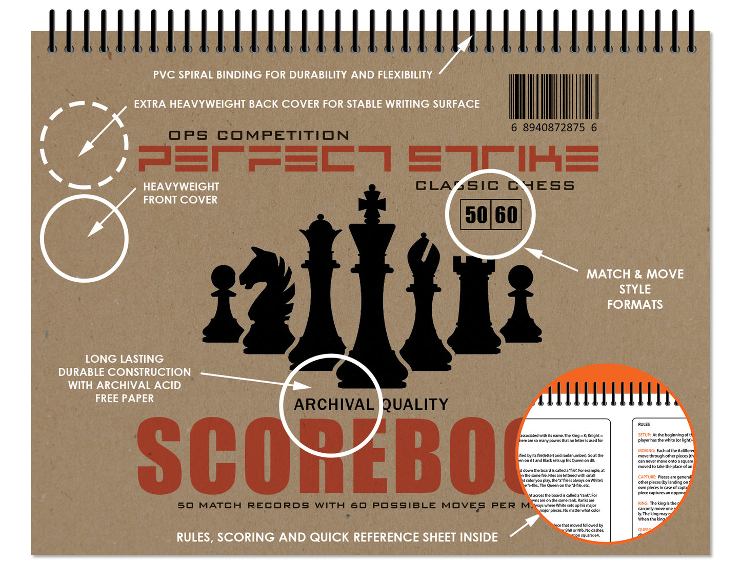 Perfect Strike Chess SCOREBOOK with Rules and Scoring Instructions. Heavy Duty. Practice and Competition. (8.5" x 11") TS-50:60