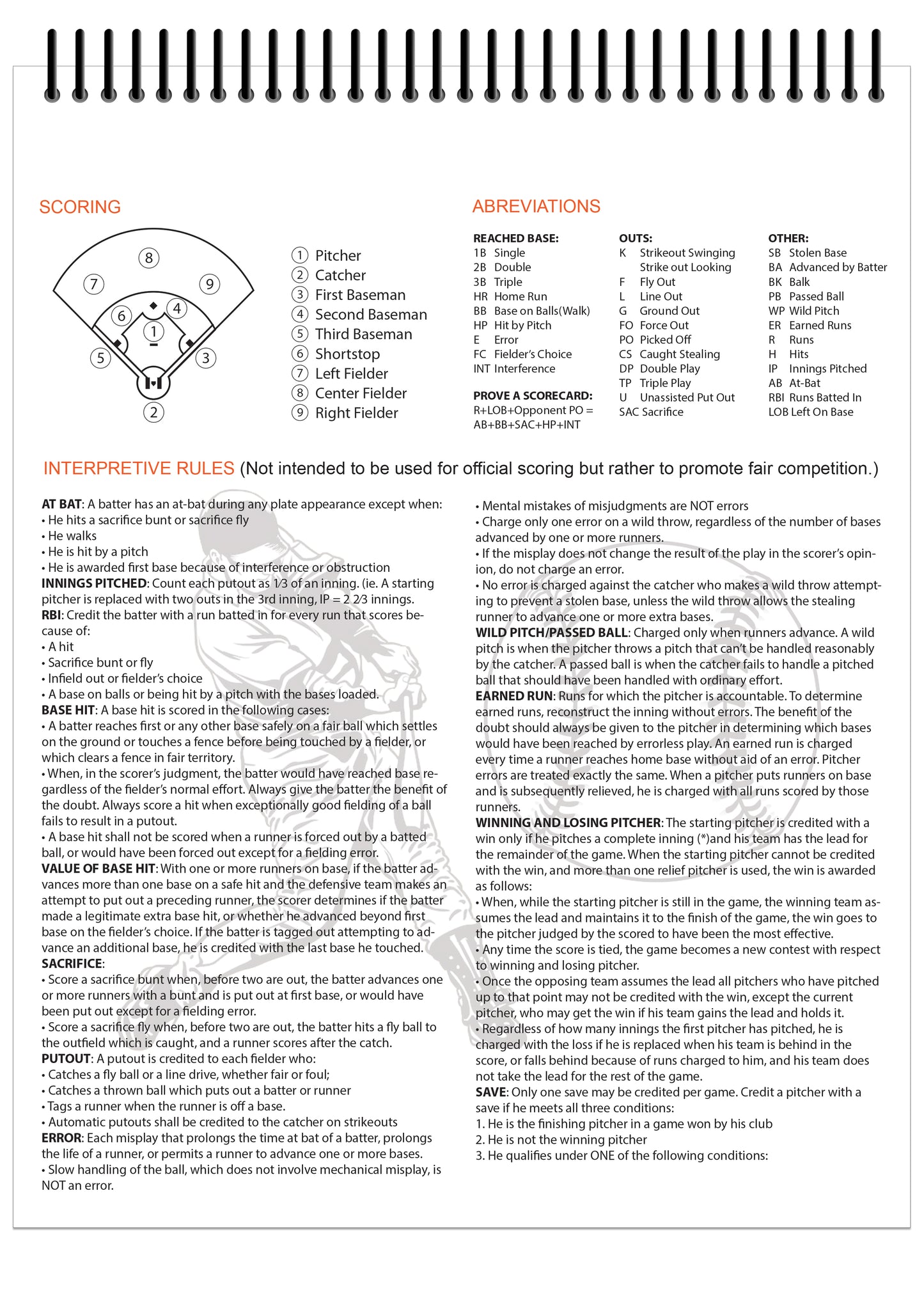 Perfect Strike BASEBALL Scorebook with Rules and Scoring Instructions. Heavy Duty. Youth or Adult Baseball and Softball. TS-14:7.