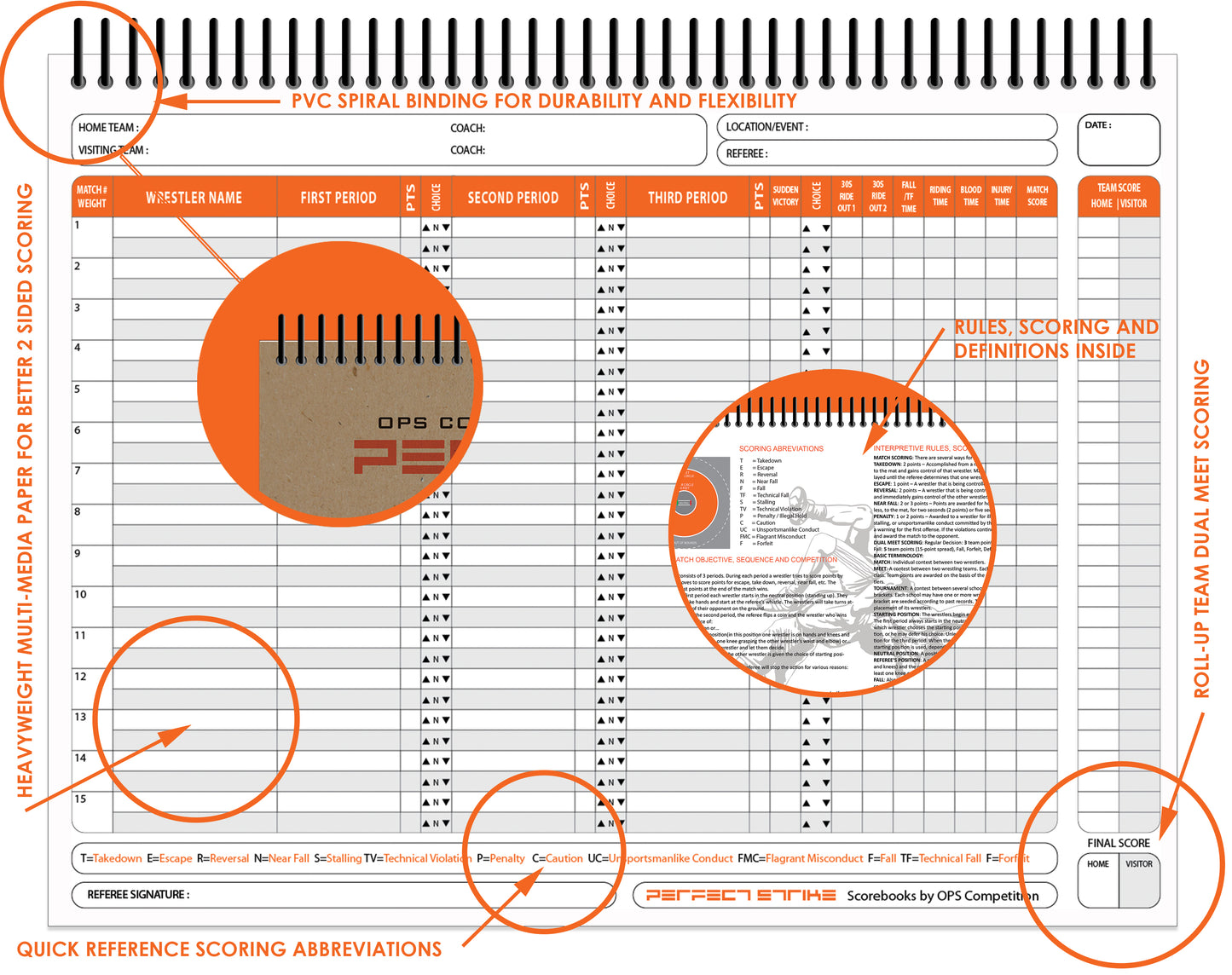Perfect Strike WRESTLING Scorebook with Rules and Scoring Instructions : Heavy Duty. Meets and Tournaments. TS-15-FS-H