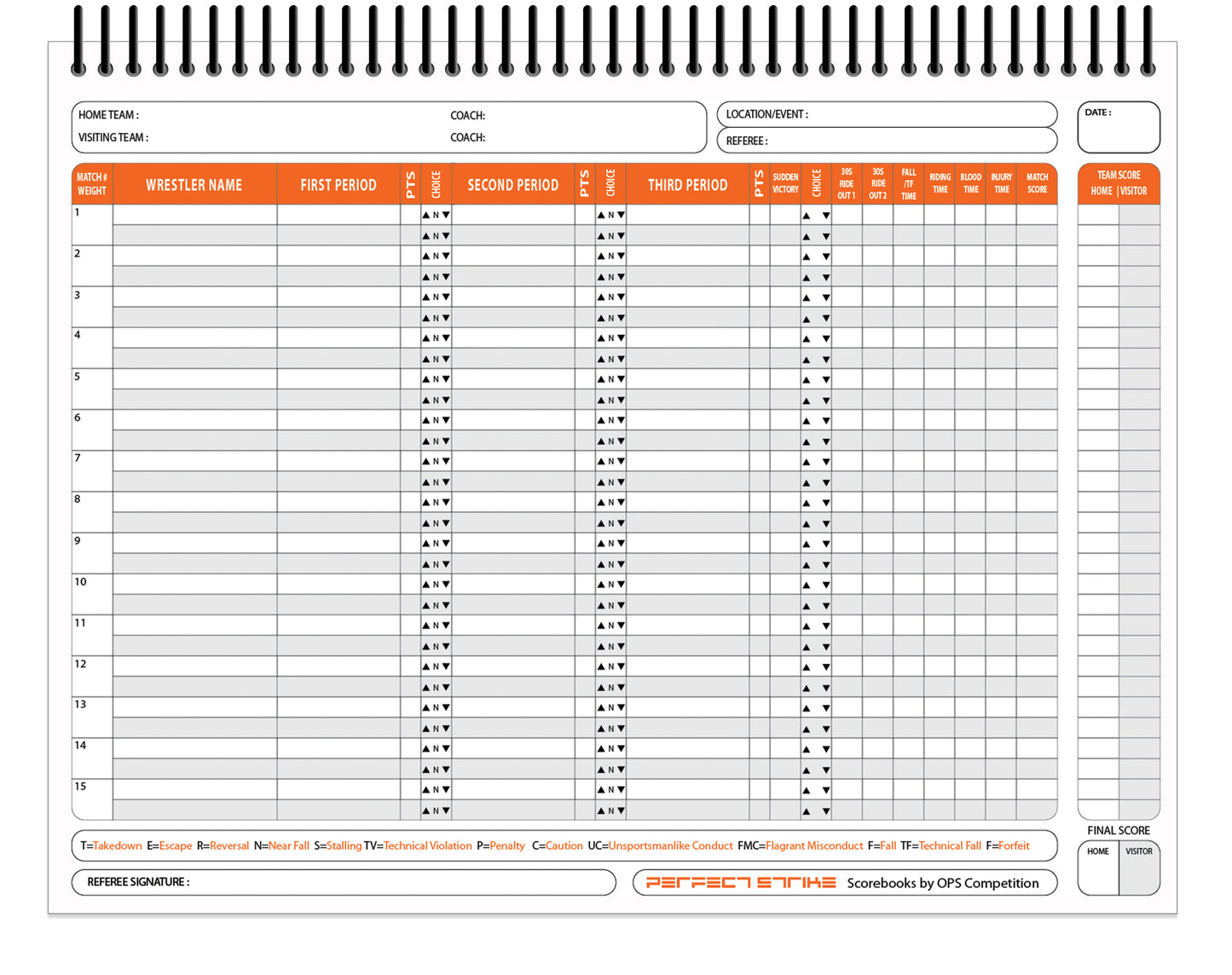 Perfect Strike WRESTLING Scorebook with Rules and Scoring Instructions : Heavy Duty. Meets and Tournaments. TS-15-FS-H