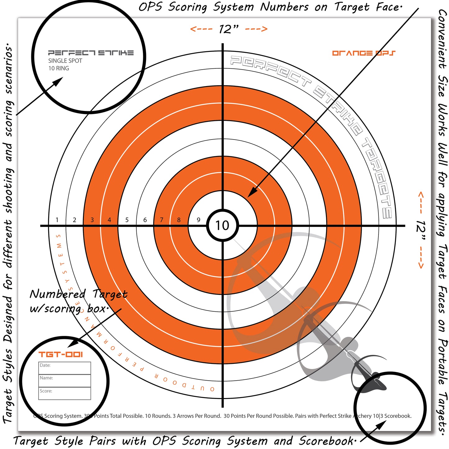 Perfect Strike ARCHERY SYSTEM Targets. ORANGE OPS No. 001. Single Spot Targets. 12" x 12".