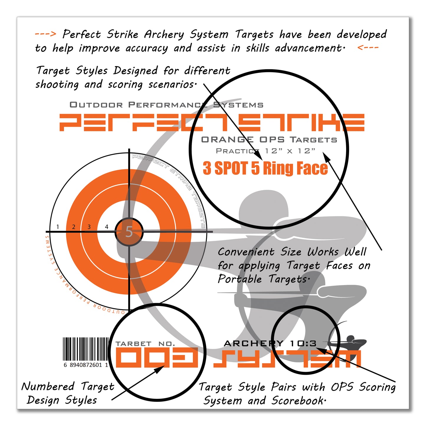 Perfect Strike ARCHERY System Targets. ORANGE OPS No. 003. Three Spot Targets. 12" x 12".
