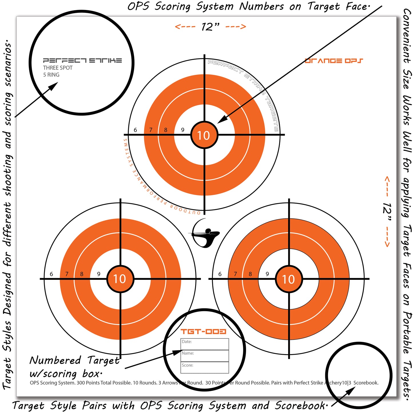 Perfect Strike ARCHERY System Targets. ORANGE OPS No. 003. Three Spot Targets. 12" x 12".