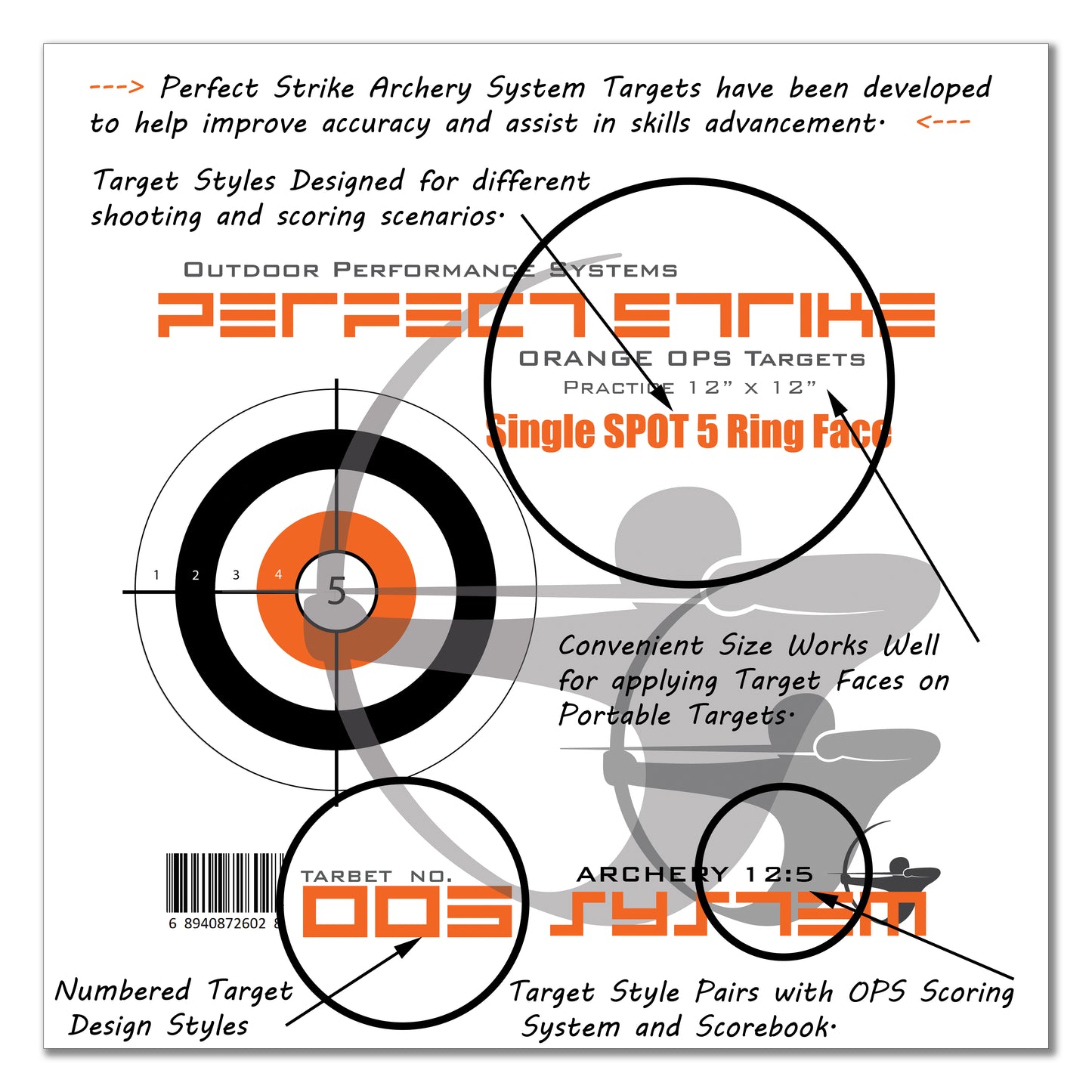 Perfect Strike ARCHERY System Targets. ORANGE OPS No. 005. Single Spot Targets. 12" x 12".