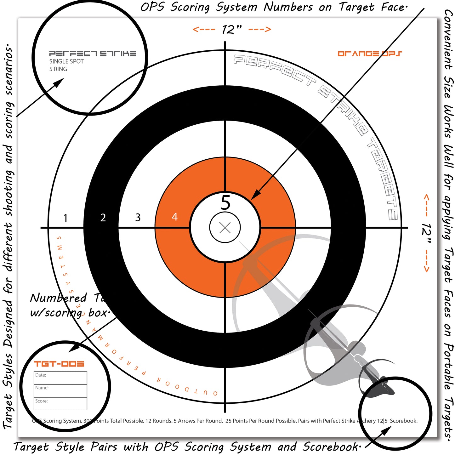 Perfect Strike ARCHERY System Targets. ORANGE OPS No. 005. Single Spot Targets. 12" x 12".