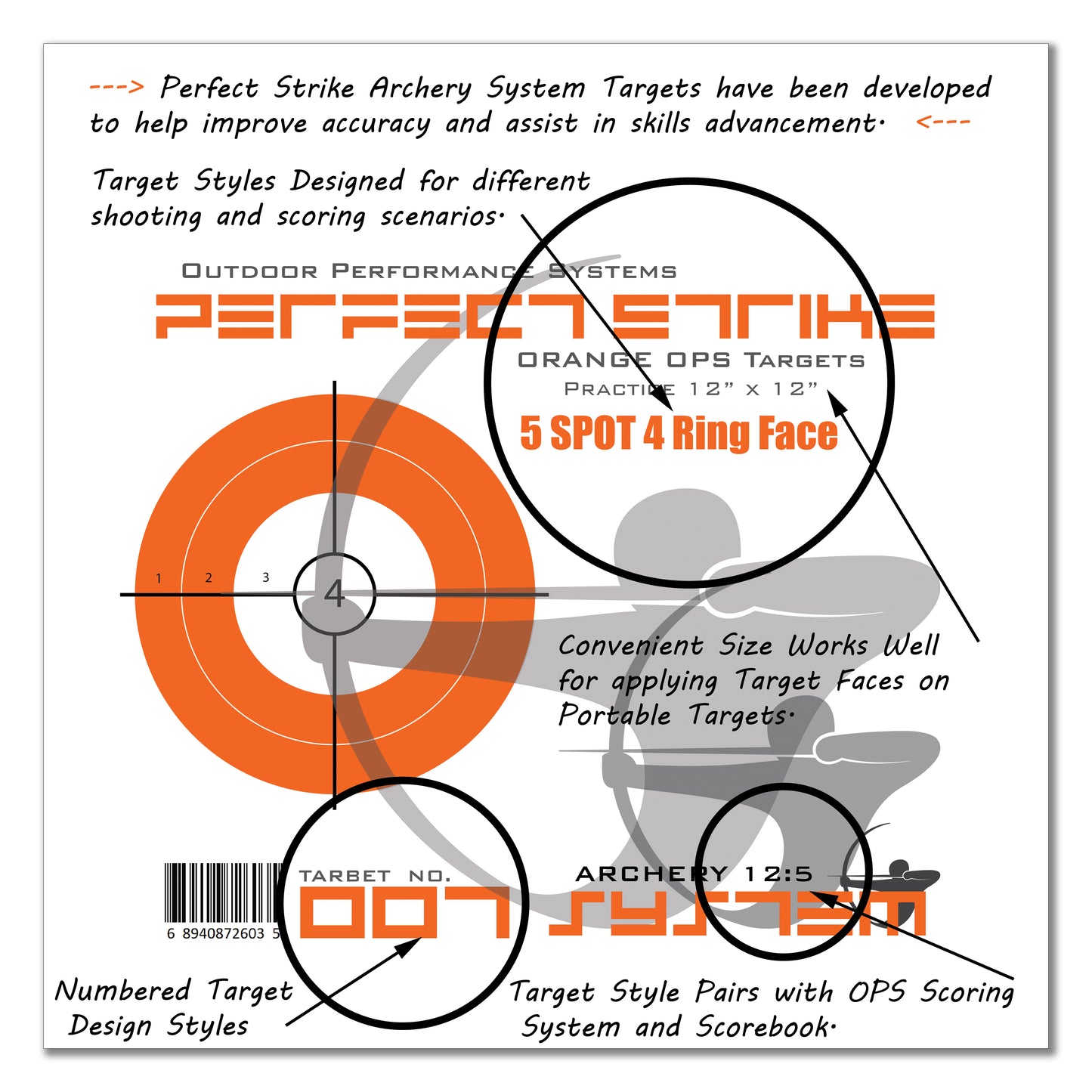 Perfect Strike ARCHERY System Targets. ORANGE OPS No. 007. Five Spot Targets. 12" x 12".