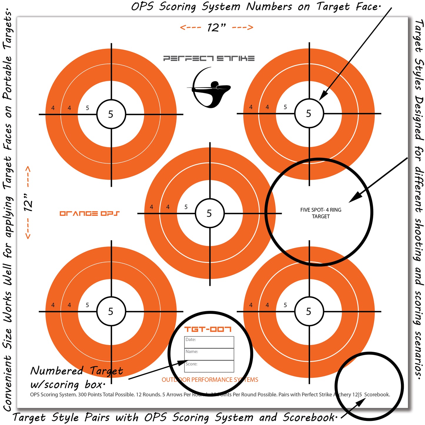 Perfect Strike ARCHERY System Targets. ORANGE OPS No. 007. Five Spot Targets. 12" x 12".