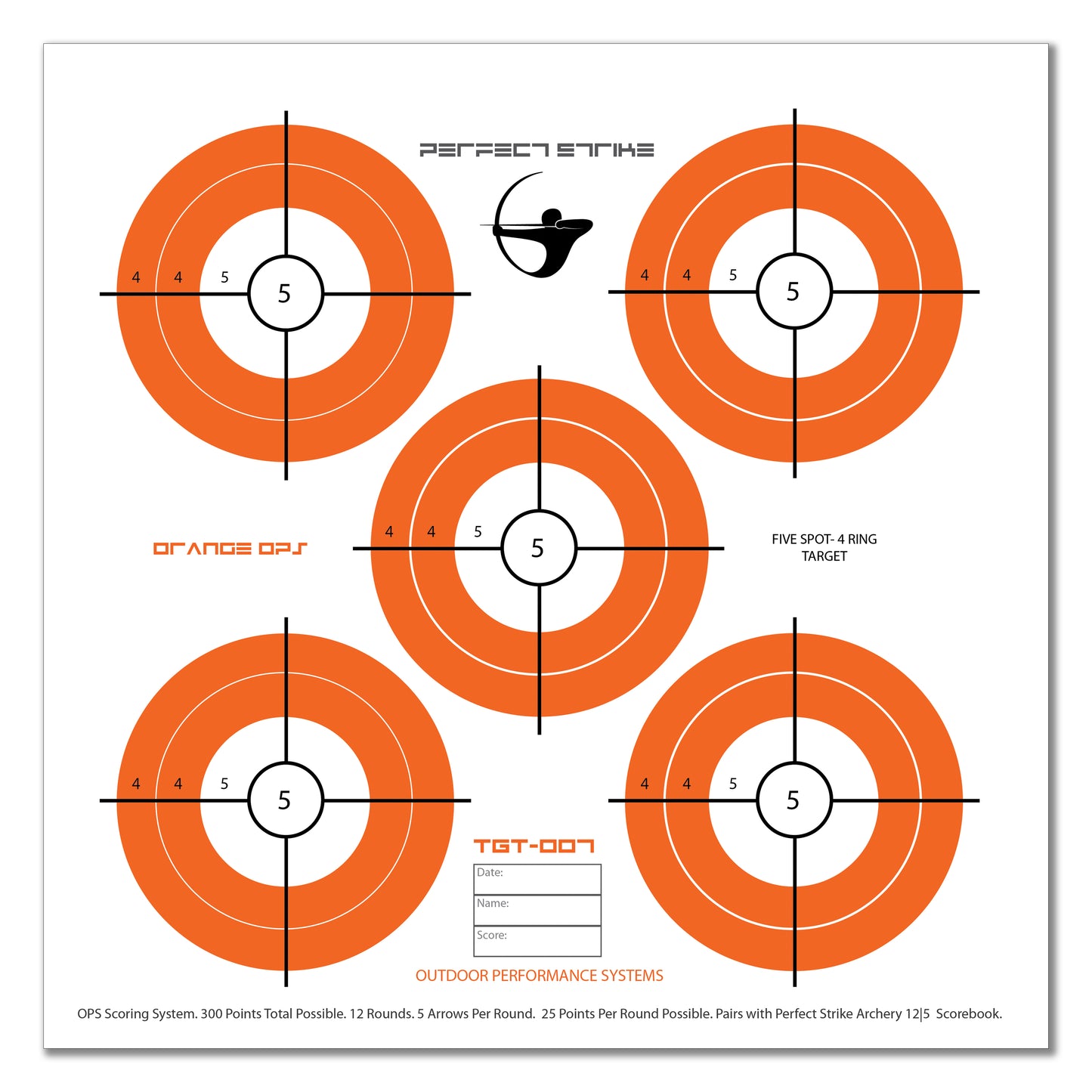 Perfect Strike ARCHERY System Targets. ORANGE OPS No. 007. Five Spot Targets. 12" x 12".