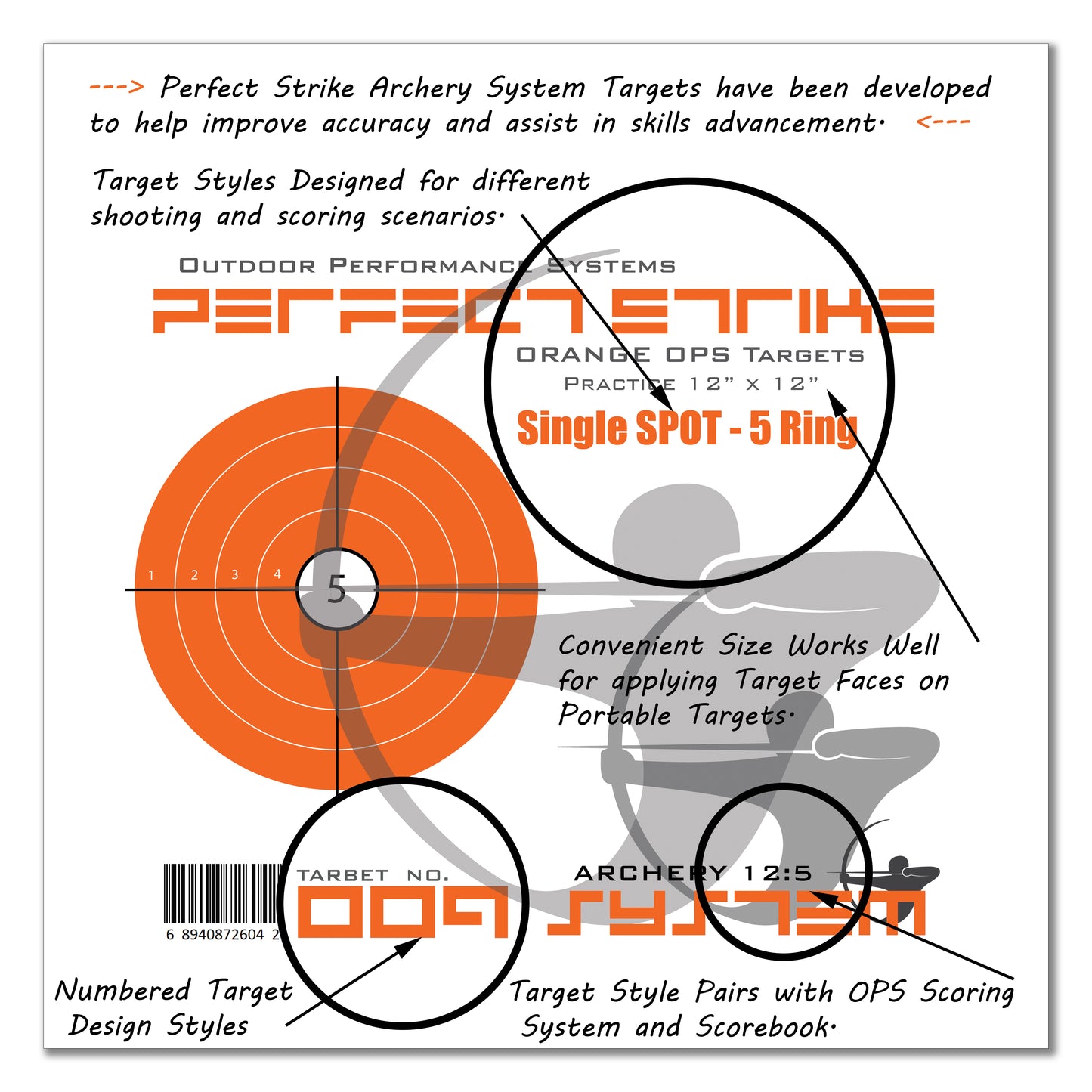 Perfect Strike ARCHERY System Targets. ORANGE OPS No. 009. Single Spot Targets. 12" x 12".