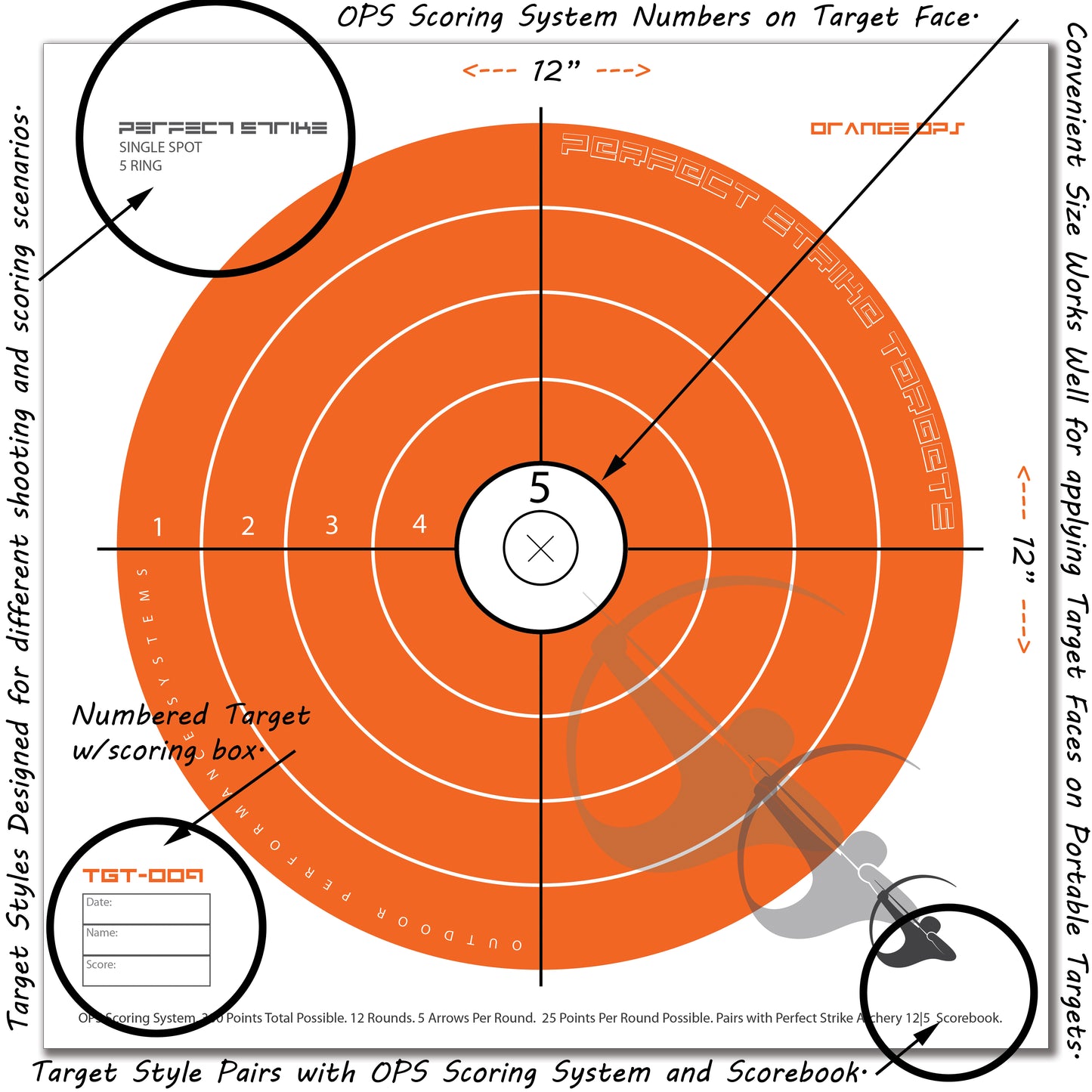Perfect Strike ARCHERY System Targets. ORANGE OPS No. 009. Single Spot Targets. 12" x 12".