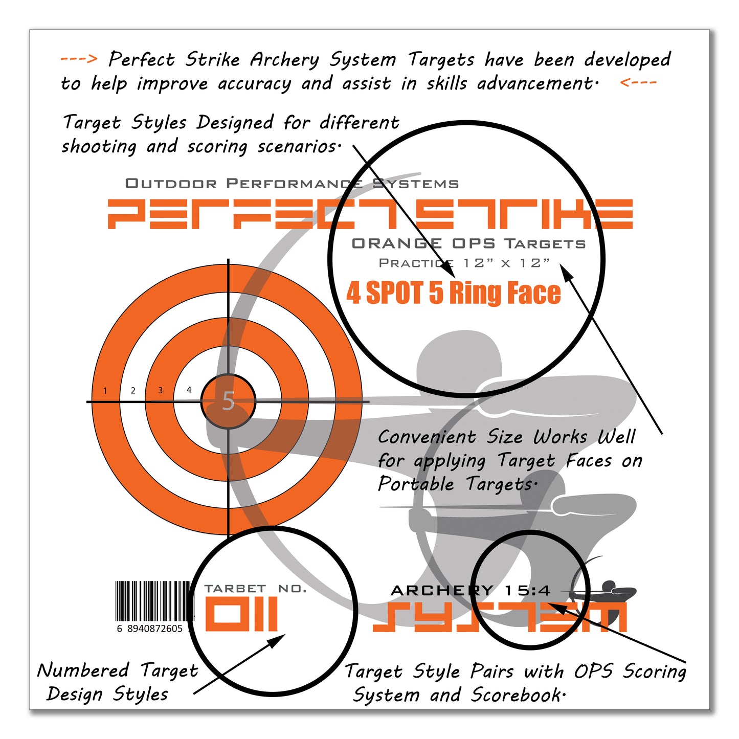 Perfect Strike ARCHERY System Targets. ORANGE OPS No. 011. Four Spot Targets. 12" x 12".
