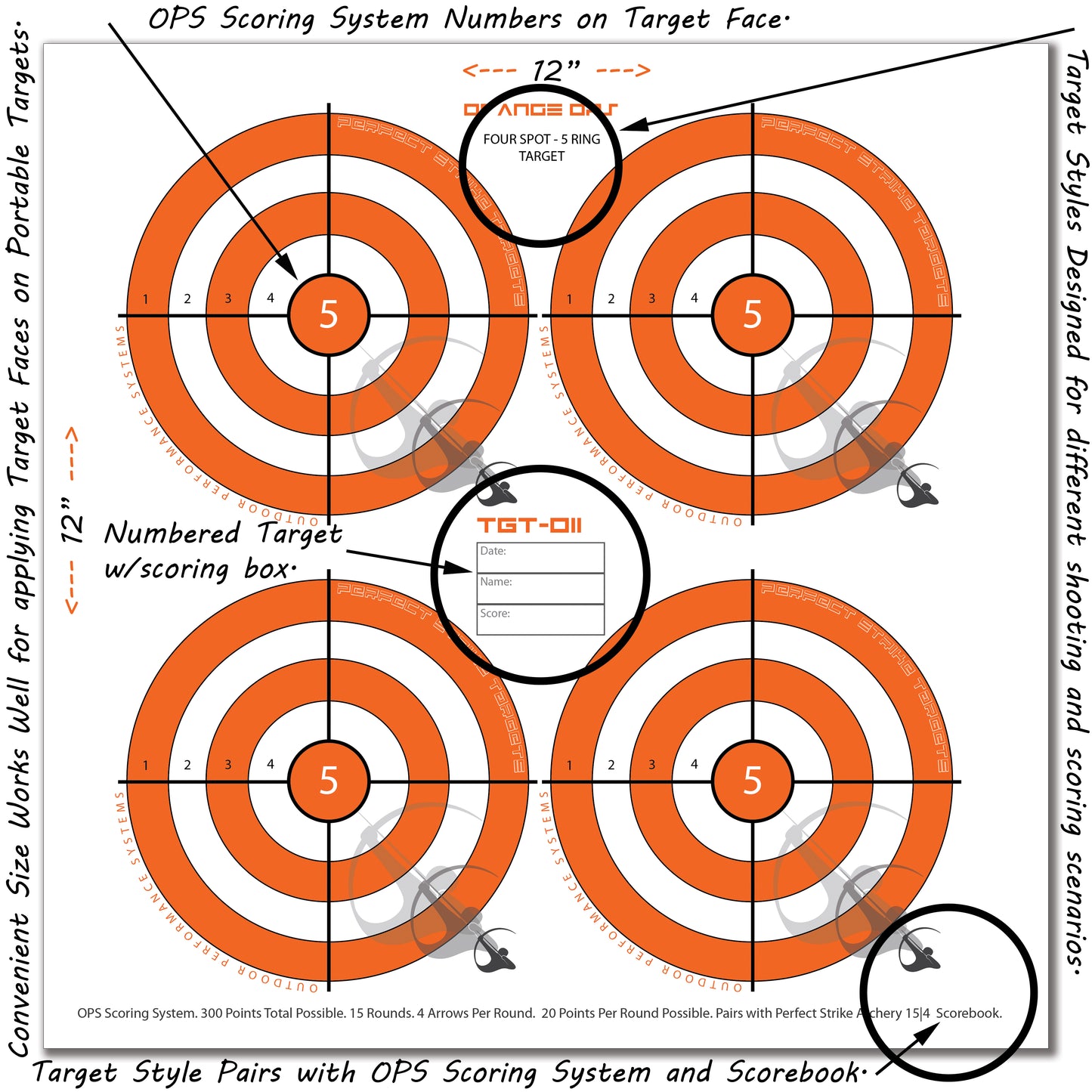 Perfect Strike ARCHERY System Targets. ORANGE OPS No. 011. Four Spot Targets. 12" x 12".