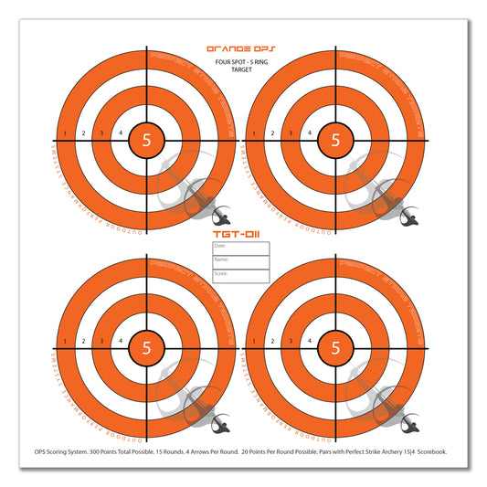 Perfect Strike ARCHERY System Targets. ORANGE OPS No. 011. Four Spot Targets. 12" x 12".