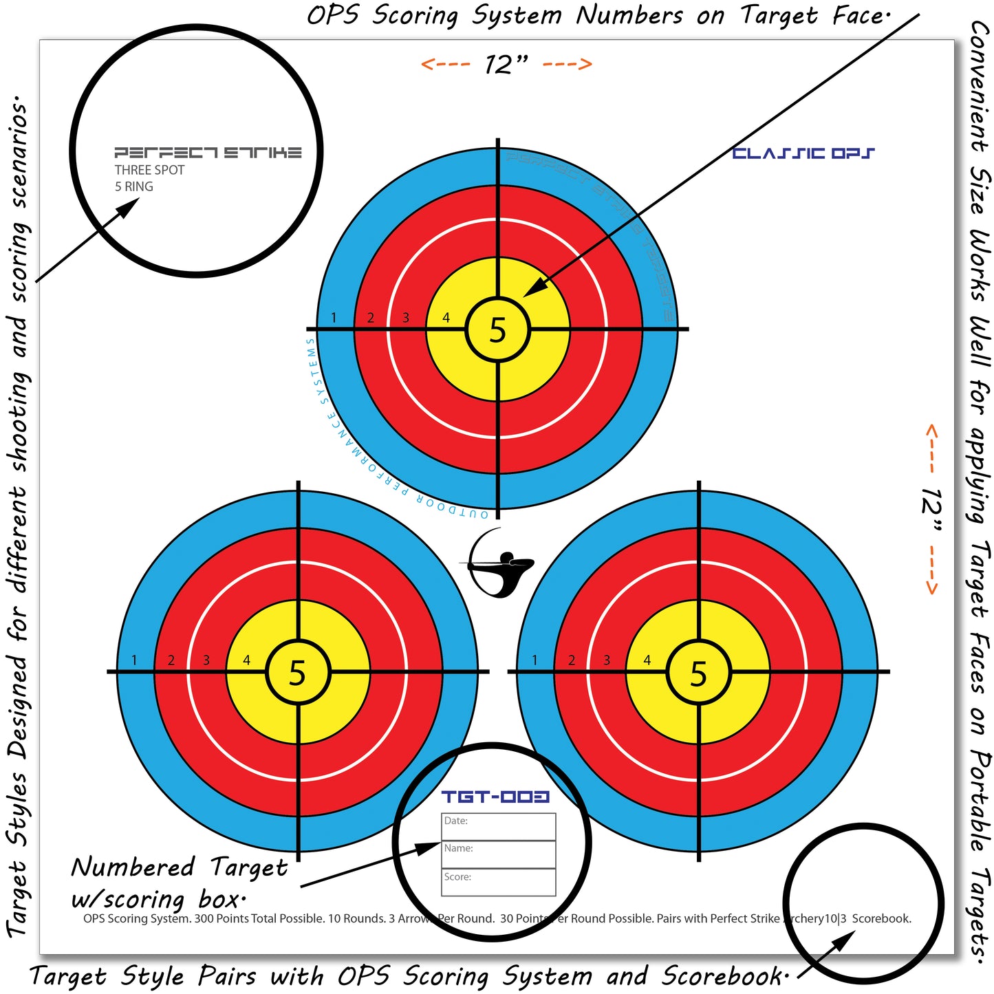 Perfect Strike ARCHERY SYSTEM Targets. CLASSIC OPS No. 003. Three Spot Targets. 12" x 12".