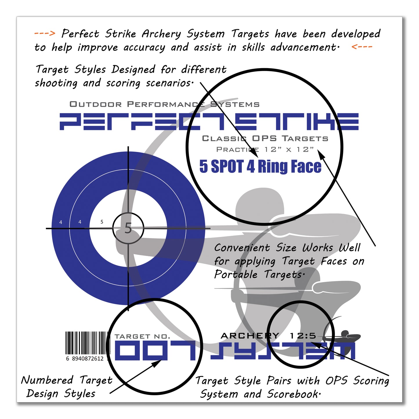 Perfect Strike ARCHERY SYSTEM Targets. CLASSIC OPS No. 007. Five Spot. 12" x 12".