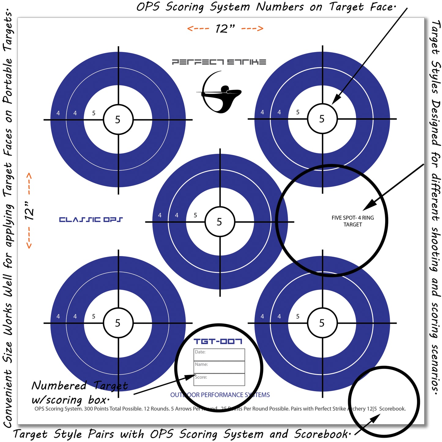 Perfect Strike ARCHERY SYSTEM Targets. CLASSIC OPS No. 007. Five Spot. 12" x 12".
