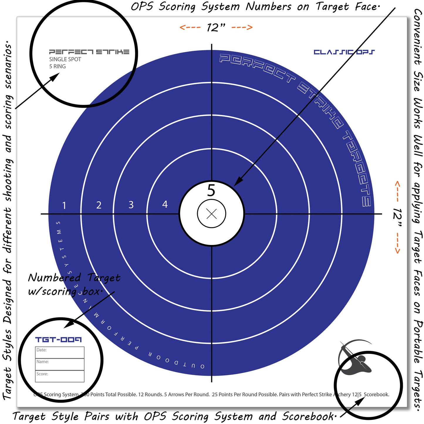 Perfect Strike ARCHERY SYSTEM Targets. CLASSIC OPS No. 009. Single Spot Targets. 12" x 12".