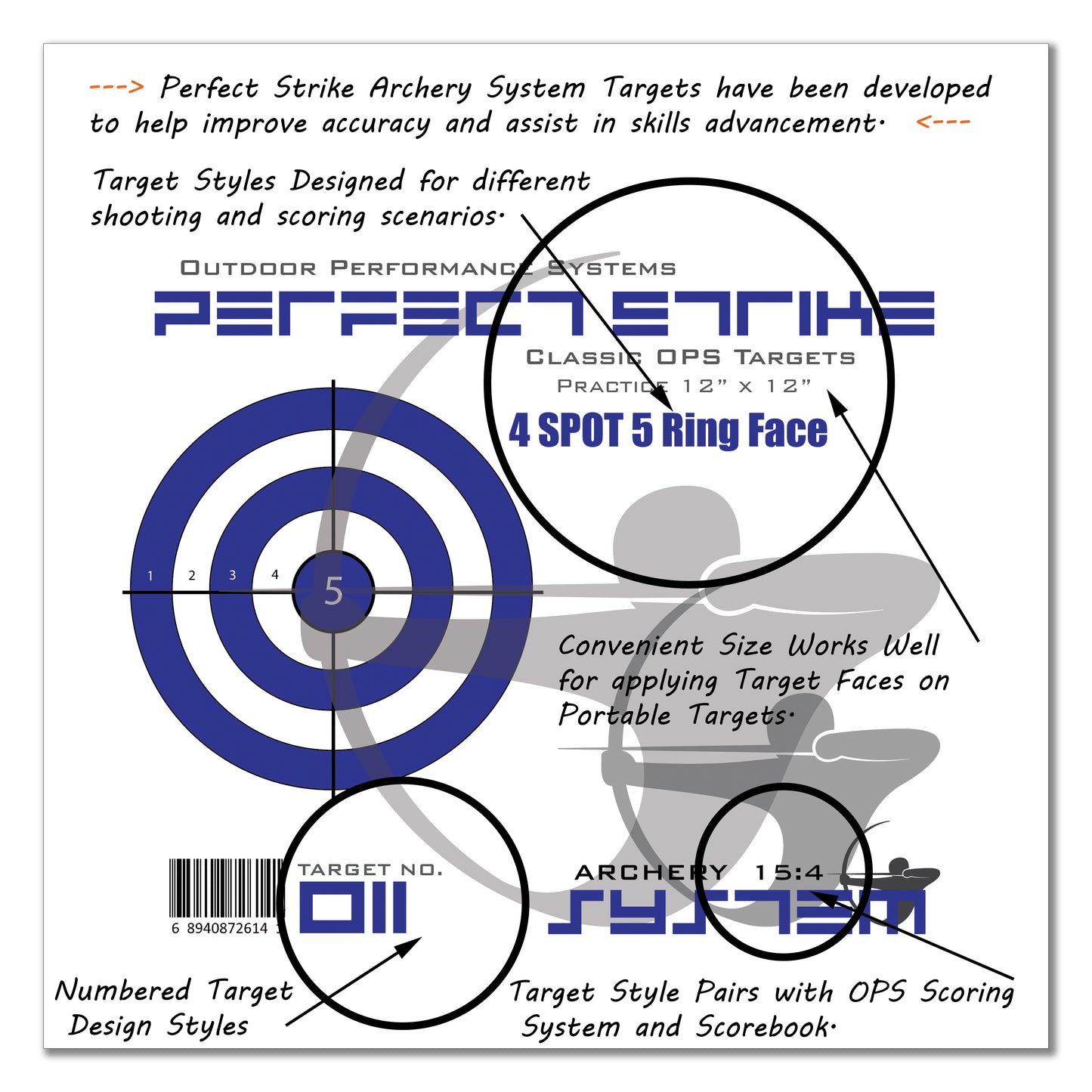Perfect Strike ARCHERY SYSTEM Targets. CLASSIC OPS No. 011. 4 Spot Targets. 12" x 12".