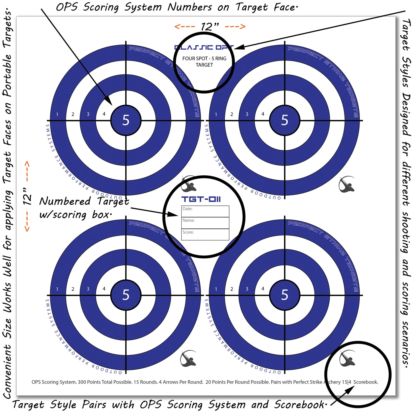 Perfect Strike ARCHERY SYSTEM Targets. CLASSIC OPS No. 011. 4 Spot Targets. 12" x 12".