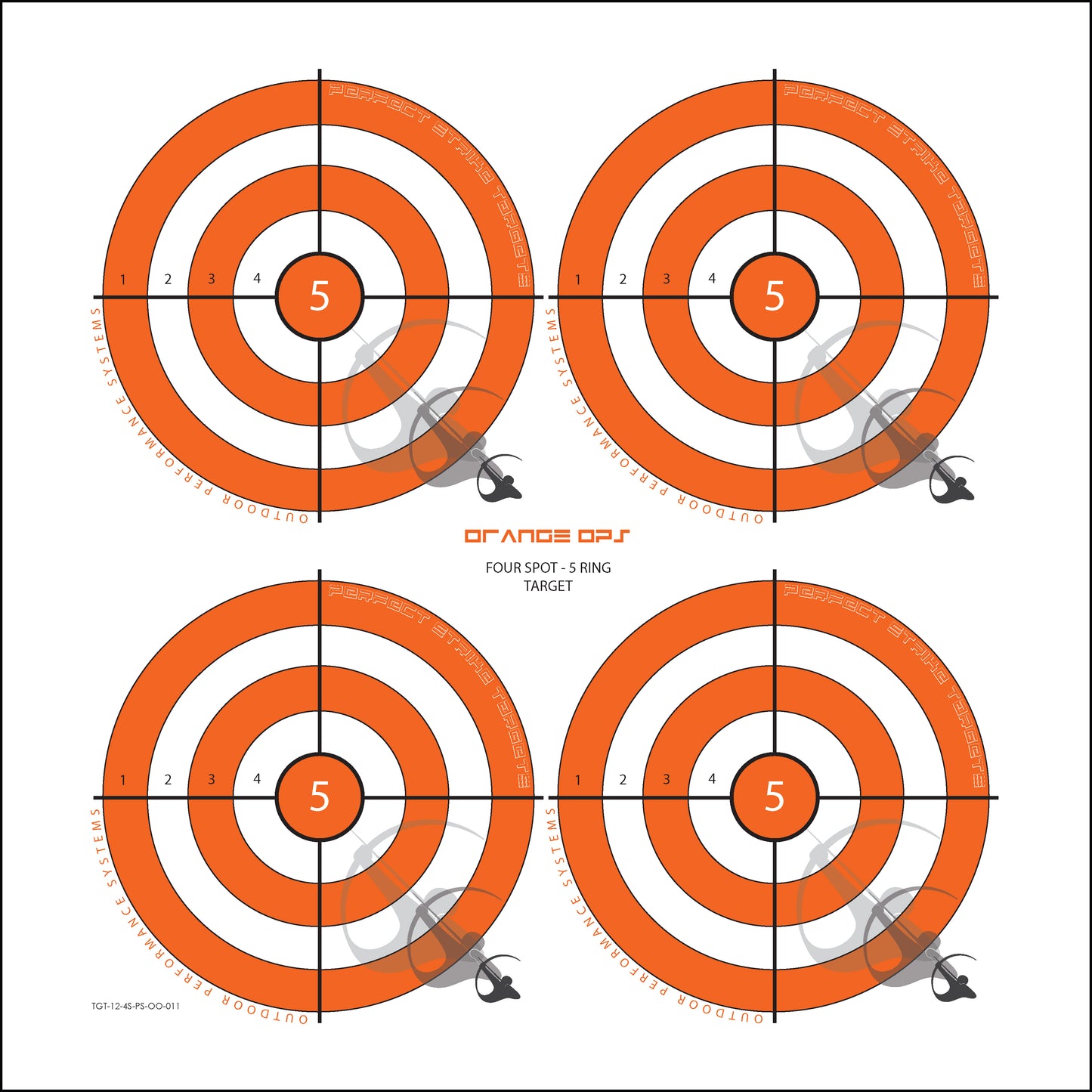 Perfect Strike ARCHERY Targets. ORANGE OPS No. 011. Four Spot Targets. (12" x 12").