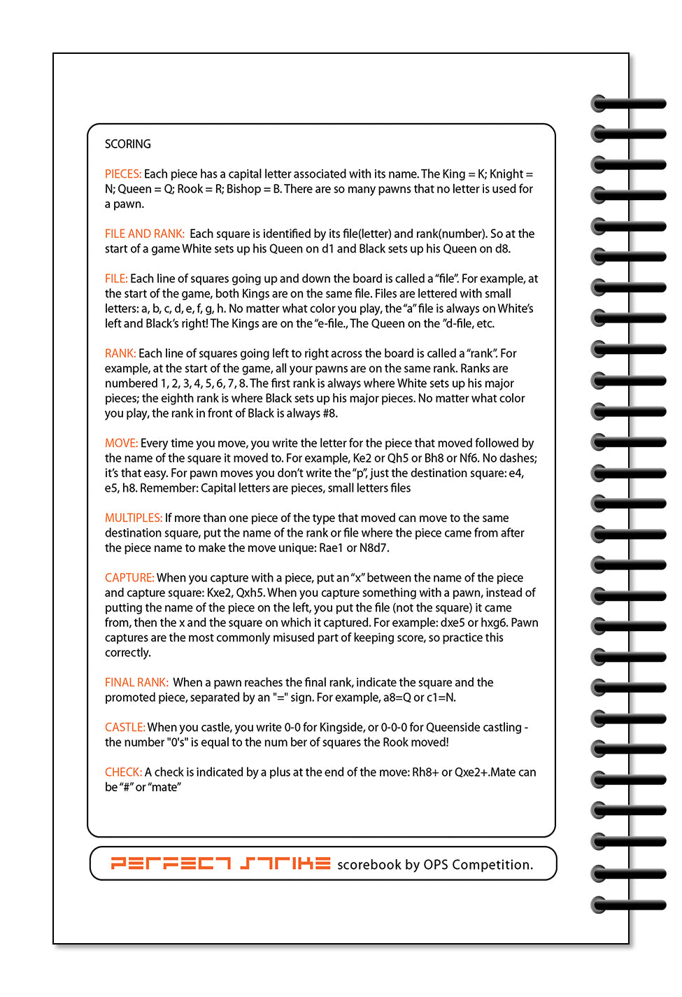 Perfect Strike Chess SCOREBOOK with Rules and Scoring Instructions. Heavy duty. Practice and Competition. (5.5" x 8.5") LS-100:60