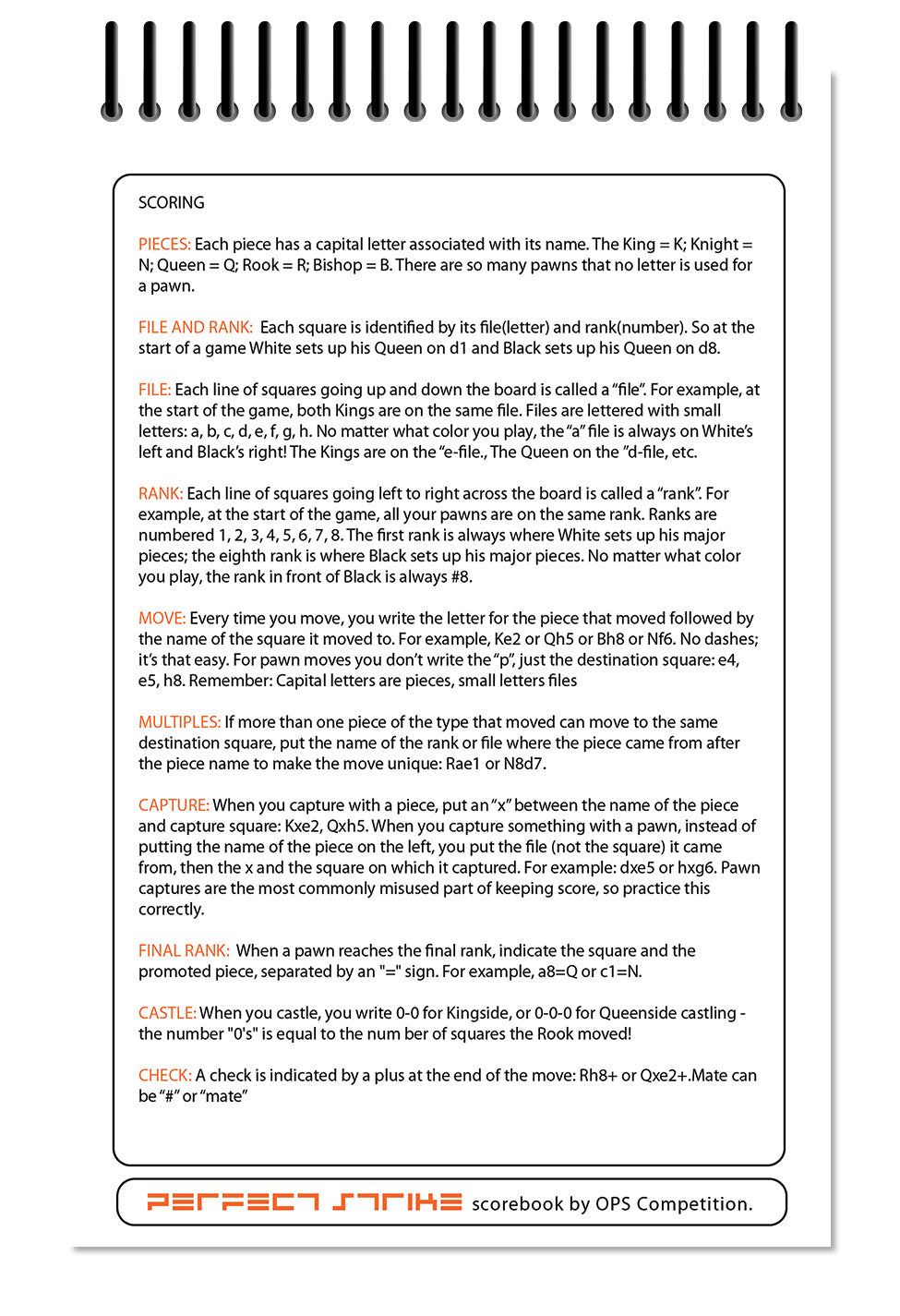 Perfect Strike Chess SCOREBOOK with Rules and Scoring Instructions. Heavy duty. Practice and Competition. (5.5" x 8.5") TS-100:60