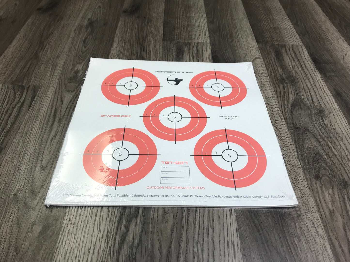 Perfect Strike ARCHERY System Targets. ORANGE OPS No. 007. Five Spot Targets. 12" x 12".