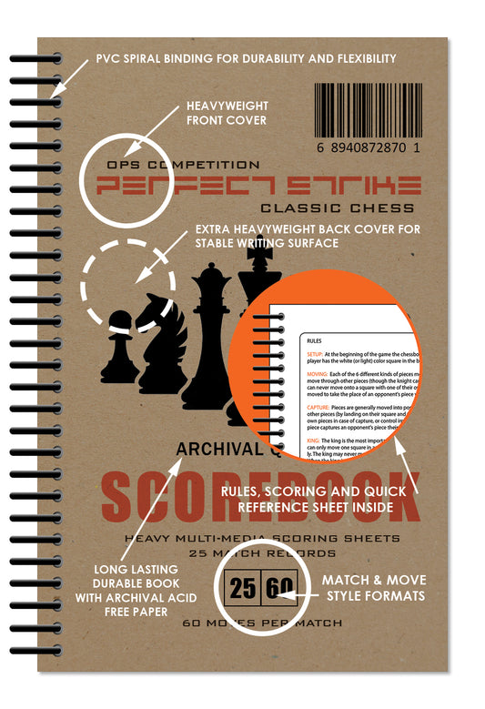 Perfect Strike Chess SCOREBOOK with Rules and Scoring Instructions. Heavy duty. Practice and Competition. (5.5" x 8.5") LS-25:60