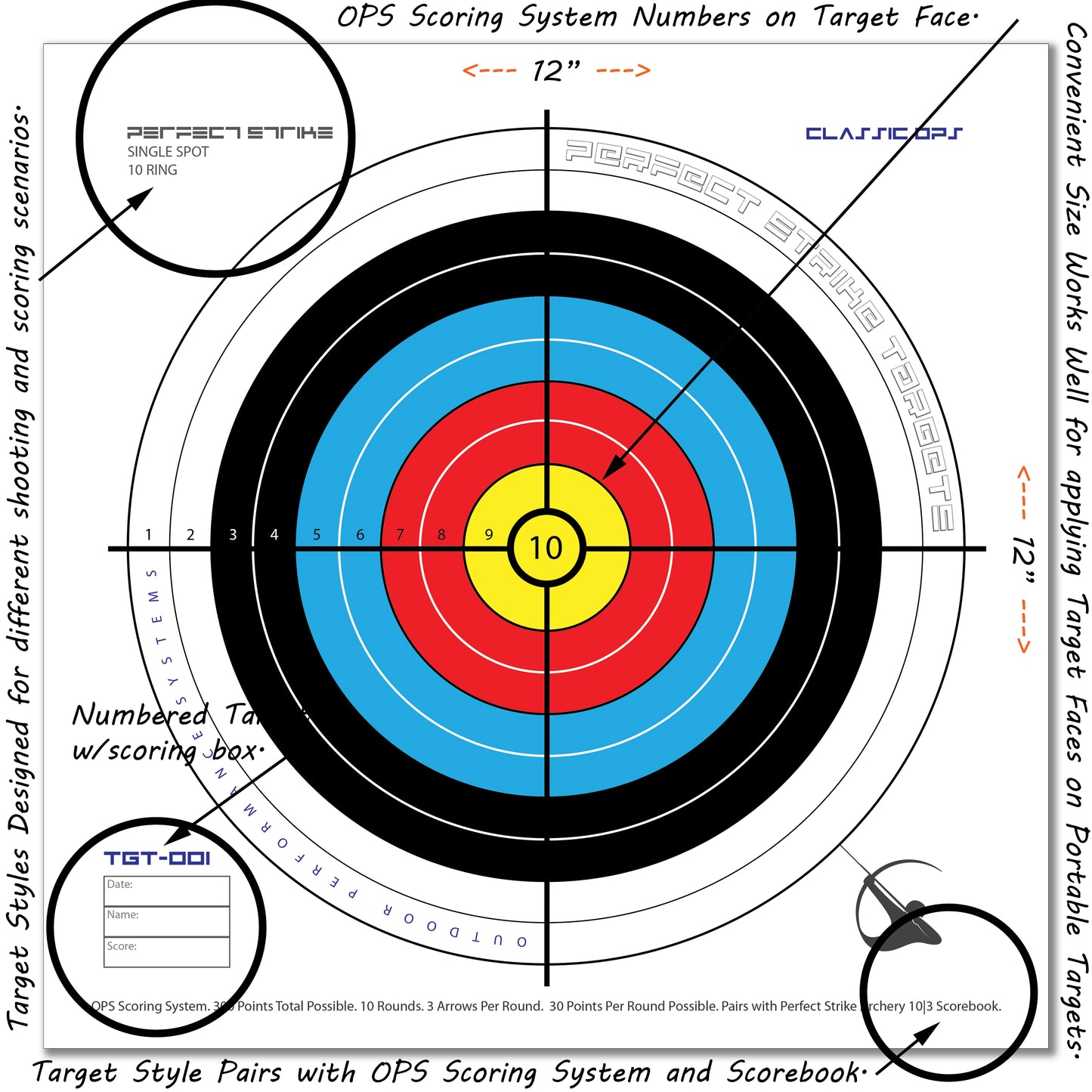 Perfect Strike ARCHERY SYSTEM Targets. CLASSIC OPS No. 001. Single Spot. 12" x 12".