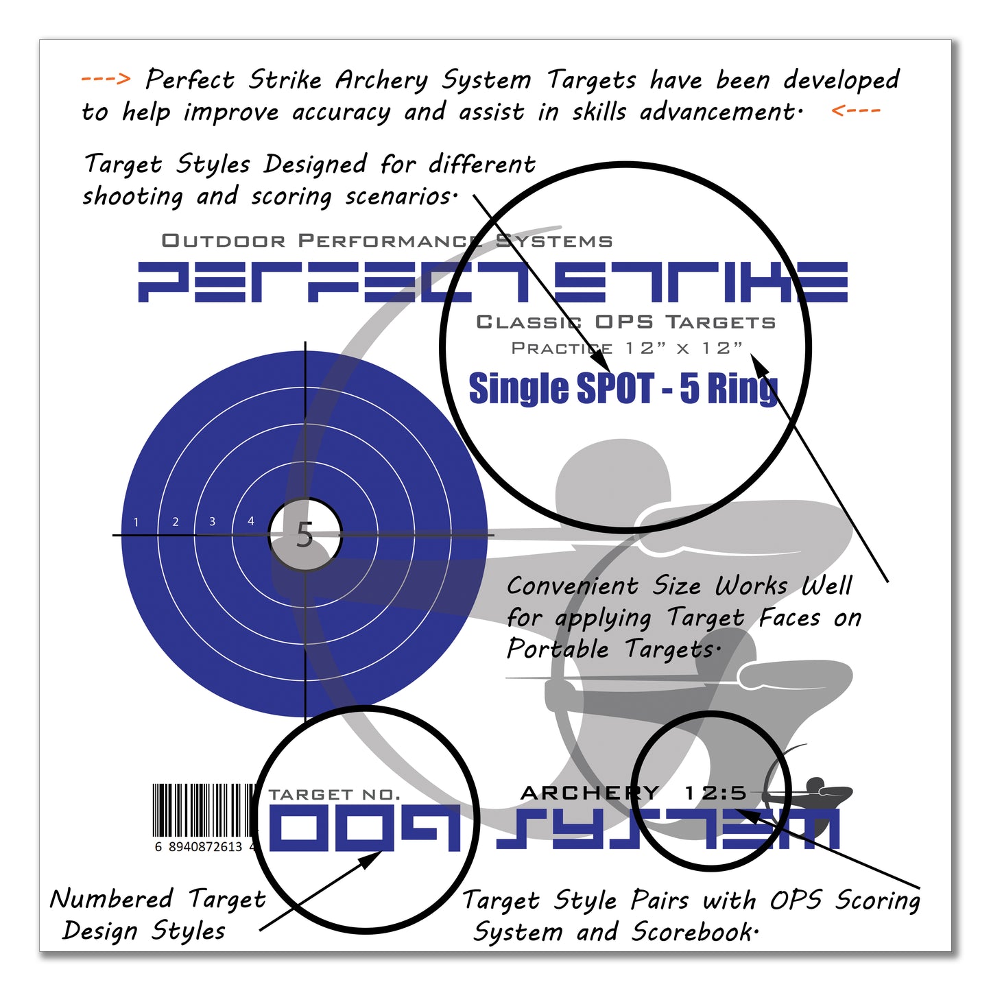 Perfect Strike ARCHERY SYSTEM Targets. CLASSIC OPS No. 009. Single Spot Targets. 12" x 12".